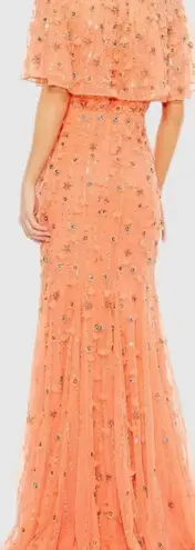 Mac Duggal NWOT Embellished Illusion Cape Sleeve Coral Trumpet Gown Sz 4