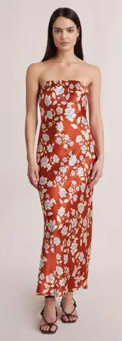 Bec & Bridge Blossom Strapless Satin Floral Cowl Back Maxi Dress Rust Red