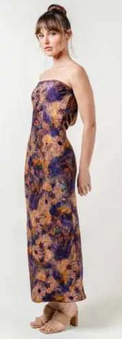 Fore Boutique Satin Purple Gold Floral Maxi Dress Strapless Open Cowl Back