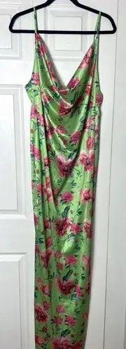 Pretty Little Thing  Green Pink Floral Satin Cowl Neck Maxi Dress Size Large