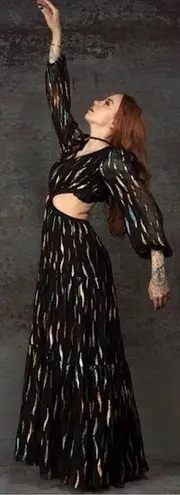 Shoshanna Rainbow Metallic Chiffon Puff Long Sleeve Cutout Waist Maxi Gown Sz 2