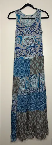 Soft Surroundings Boho Patchwork Maxi Dress Blue Brown Paisley XS Sleeveless - Image 1