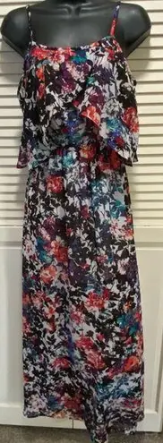 Xhilaration Floral Straps Chiffon Layered Lined Elastic Waist Maxi Dress Size S