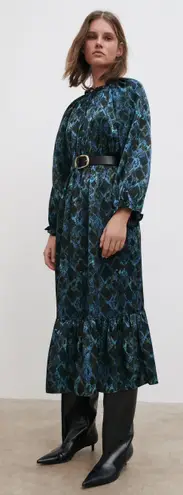 ZARA  Blue Black Snake Printed Midi Flowy Ruffle Balloon Sleeve Dress with Belt