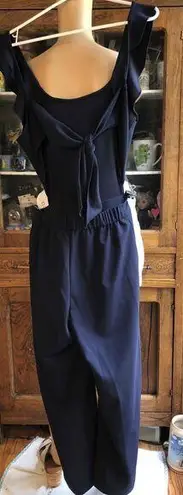 PRETTYGARDEN  Navy Blue Sleeveless Pinafore Jumpsuit Pants Ruffles Tie Back Small