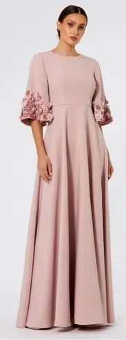 Mac Duggal 11854 Pink Crepe 3/4 Sleeve A-line Gown With Flower Trim