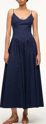 NWOT STAUD DENA drop waist Navy Blue Midi Dress sz 4