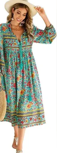 R.Vivimos Long Sleeve Floral Print Retro V Neck Tassel Bohemian Midi Dress | S