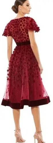 Mac Duggal Burgundy Floral Appliqué Flutter Sleeve Velvet Hem Midi Dress Size 16