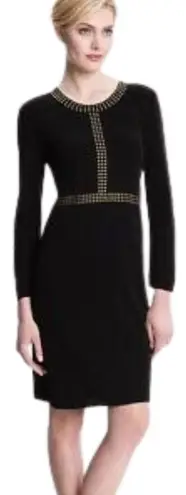Misook Black Knit Long Sleeve Sheath Dress Gold Studs Knee Length Women's XS