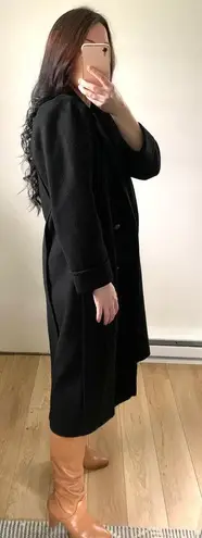 Vintage Black Double Breasted Long Wool Coat Pleated Puff Shoulder sz 8 Petite