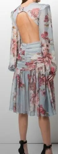 PatBo Peony Print Cutout Midi Crepe Long Sleeve Blue Pink Dress US Size 12