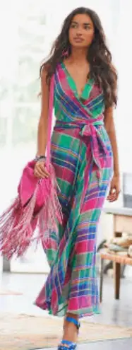 Polo Ralph Lauren Madrid Wrap Maxi Dress 8 Madras Plaid Midi Prep Coastal Pink Blue