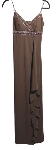 Delaru Brown Formal Dress Gown Y2K 90s Fairy Boho Beaded Sz 4 HOCO Prom Ruffle