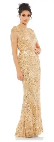 Mac Duggal 4715 Size 4 Embellished Fringe Cap Sleeve Trumpet Gown, Light Gold