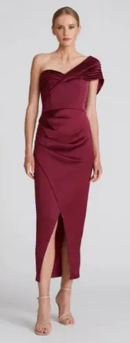 THEIA Size 0 Burgundy One Shoulder Satin Split Front Evening Gown Dress Sleek Red