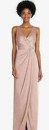 After Six Sleeveless Satin Faux Wrap Gown in Toasted Sugar