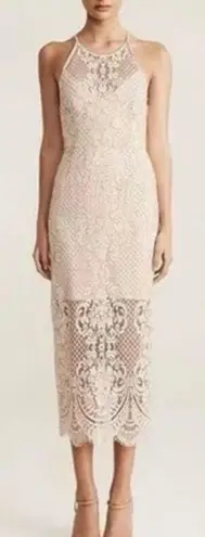Shona joy Lace High Neck Midi Dress Beige Nude Size 6 Lined Scalloped Hem Bridal