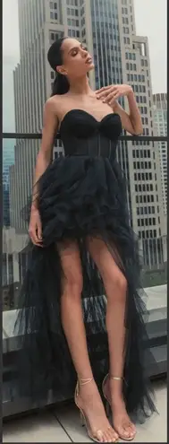 Mac Duggal 27532 Black Strapless Bustier Net Gown With Spiral Ruffles