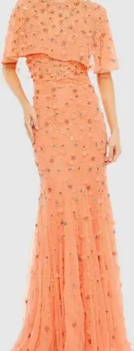Mac Duggal NWOT Embellished Illusion Cape Sleeve Coral Trumpet Gown Sz 4