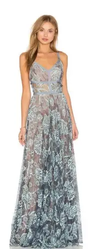 Alexis Isabella Blue Floral Lace Maxi Gown V Neck Spaghetti Straps Ribbon Small