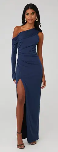 Katie May Deep Sea Blue MOJAVE Single Long Sleeve HIGH SLIT Ruched GOWN XS