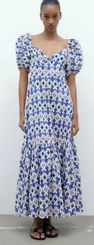 ZARA  Blue White Printed Short Puff Sleeve Smocked V-Neck Midi A-line Dress Sz L - Image 1