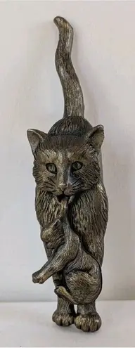 EUC Vintage 80's Signed JJ Jonette Pewter Cat And Kitten Dangle Brooch Pin Brown - Image 1