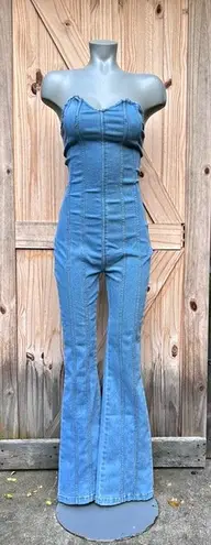 Love 83 Stretch Denim Strapless Corset Flare Bell Bottom Jumpsuit~M~