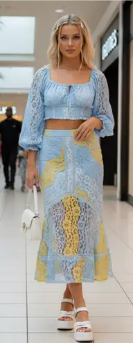 Missguided Y2K Lace Trumpet Midi Skirt Blue Yellow Semi Sheer Lined Coquette Ruffle M 8