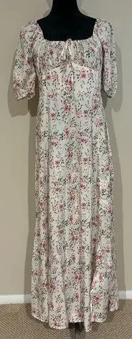 None EUC Women's White and Pink Bohemian Floral Print Puff Sleeve Dress Size Medium