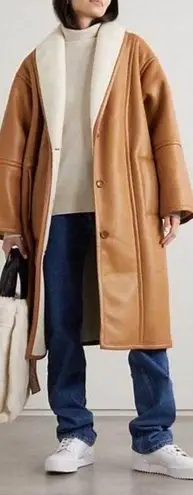Stand Studio Dolores Tan Belted Shearling Shawl Collar Faux Leather Coat Size 8