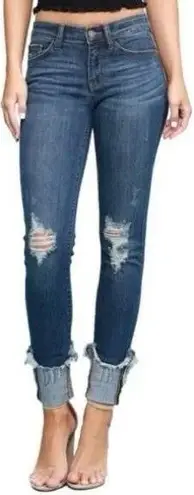 Judy Blue Mid Rise Skinny Fit Cuffed Raw Hem Dark Wash Denim Jeans Size 32 NWT