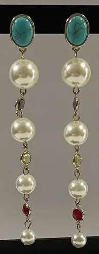 NWT ANNA & AVA by Brooke Webb Turquoise &Pearl Dangle Earrings with Red Accents White