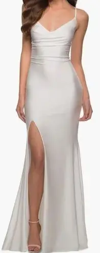 La Femme  thigh high slit open back Jersey Column white Gown Size 12