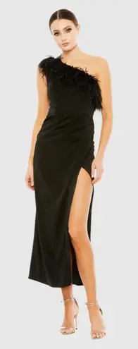 Mac Duggal 68147 Black Feather Trim One Shoulder Draped Midi Dress Size 10 NWT