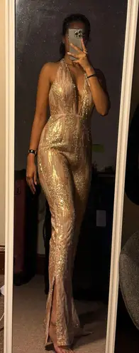 Miss Circle New York Beige Golden Backless Sequin Jumpsuit thumbnail 1