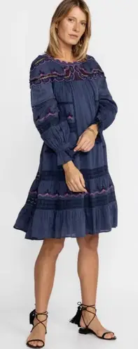 Johnny Was Reina Midi Dress Womens Large Linen-Blend Blue Embroidered