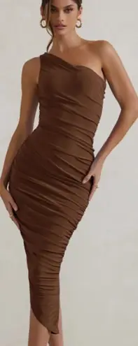 Club L Dorit One Shoulder Asymmetric Ruched Midi Dress Chocolate Women's US 2