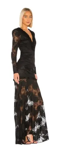 Alexis Lucasta Gown Women's 10 Black Lace Ruched Ruffle Trim Maxi Evening Formal