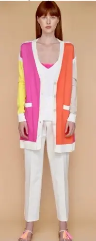 Vilagallo Color Block Long Cashmere Blend Cardigan (Yellow, Pink, Orange) Large Pink