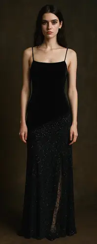 Frederick's of Hollywood VTG Frederick's Womens Dress Size S Black Velvet Beaded Lace Maxi Y2K Whimsigoth