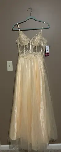 Blondie Nites Womens Yellow Mesh Corset Bodice Dress