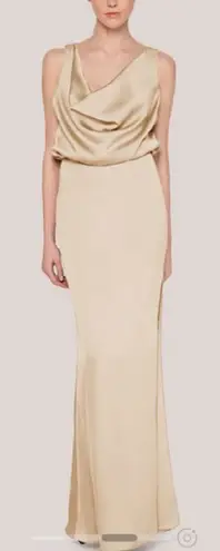 Fame and Partners The Libra Dress Champagne Satin Cowl-Neck Backless Gown Size 16