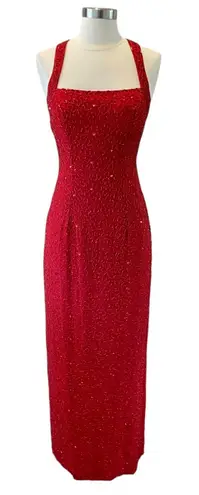 Sean Collection Vintage Red Silk Beaded Gown with Open Back