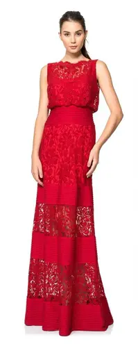 Tadashi Shoji Red Lace Illusion Maxi Gown Women’s Size 4 Formal Evening Dress