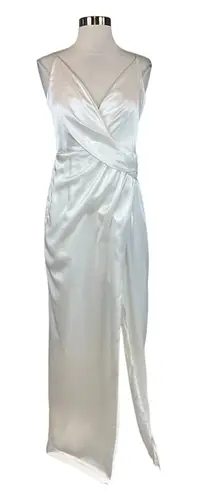 Aidan Mattox White Satin Evening Gown Size 6 Sleeveless V-Neck Thigh Slit Dress