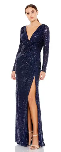 Mac Duggal 26490 Midnight Sequin Long Sleeve Faux Wrap Formal Gown Size 14