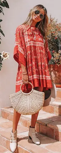 LIN JIA & SHOP RED BOHO PRINT MINI DRESS Sz M