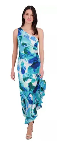 Eliza J Blue Satin Asymmetric One Shoulder Evening Dress Gown - Size 10